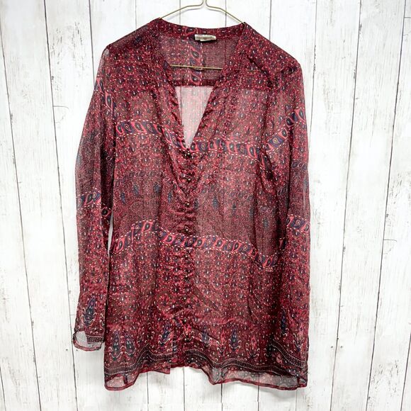 Converse Top Women Size Medium Red Geometric Sheer Long Sleeve Button Close - Picture 1 of 3